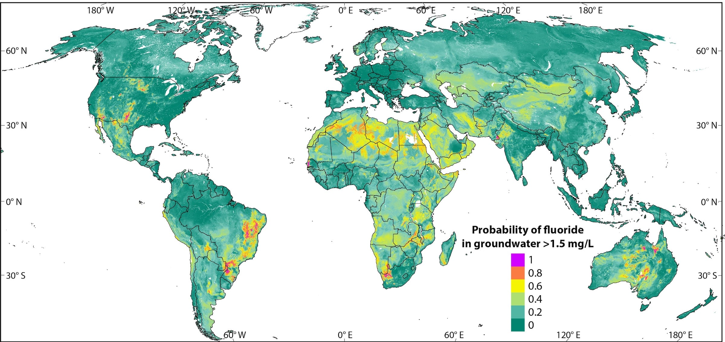 Globale Karte der Fluoridkonzentration im Grundwasser | Karte: Joel Podgorski/Eawag