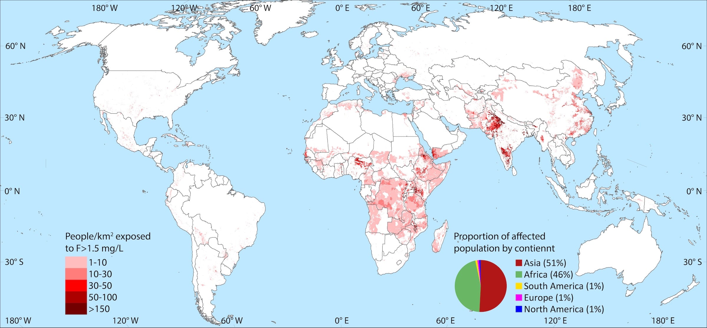 Karte der Weltregionen, in denen die Bevölkrung mit Fluorid belastetes Grundwasser konsumieren. | Karte: Joel Podgorski/Eawag