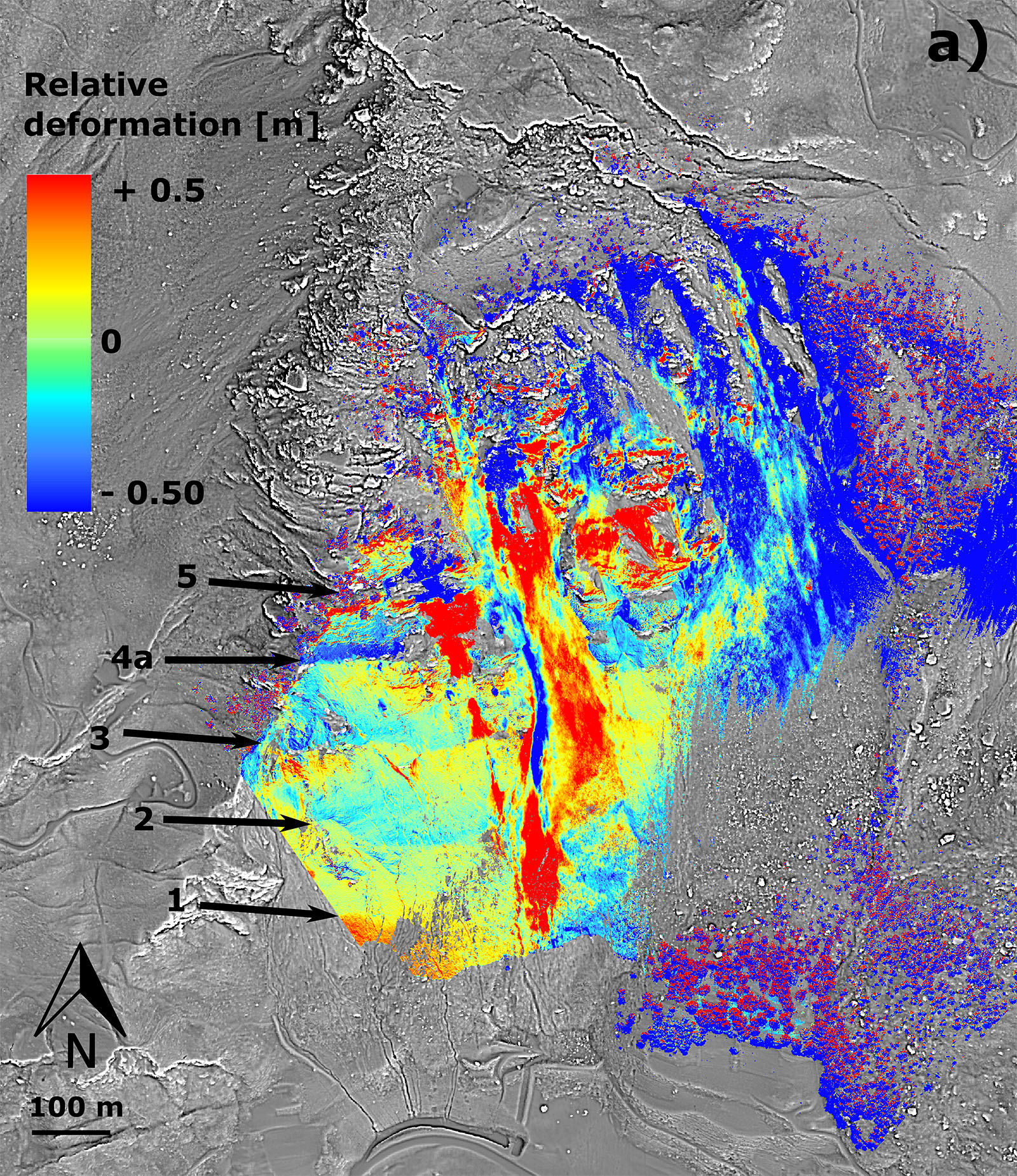 Relative Deformation des Rutschhangs oberhalb Brienz/Brinzauls in Graubünden. | Grafik: SLF/Robert Kenner